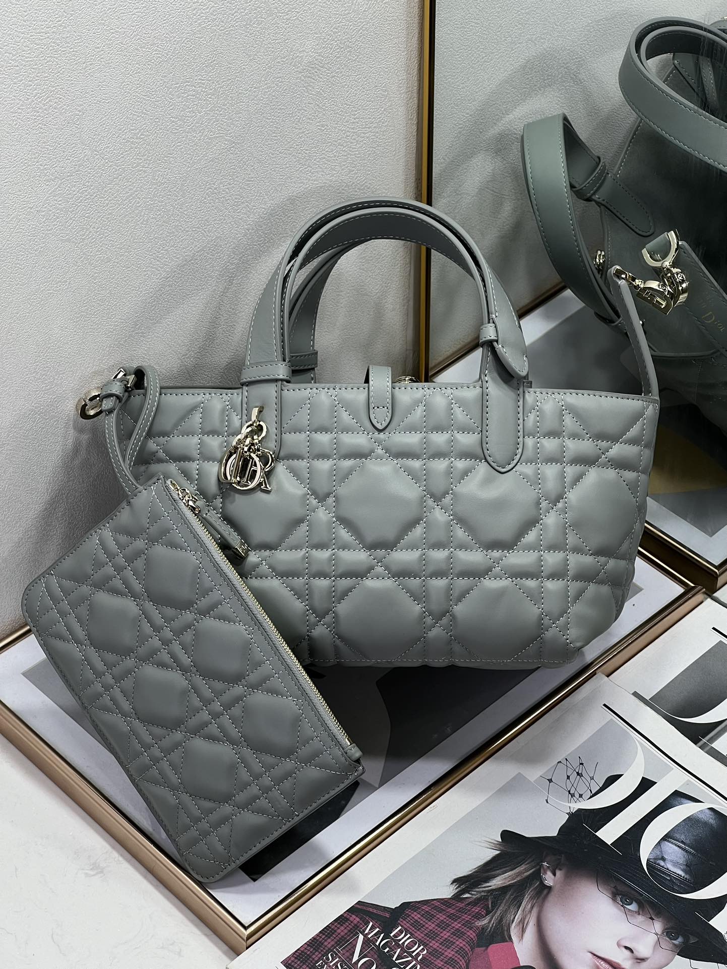 Small Dior Toujours Bag Gray Macrocannage Calfskin